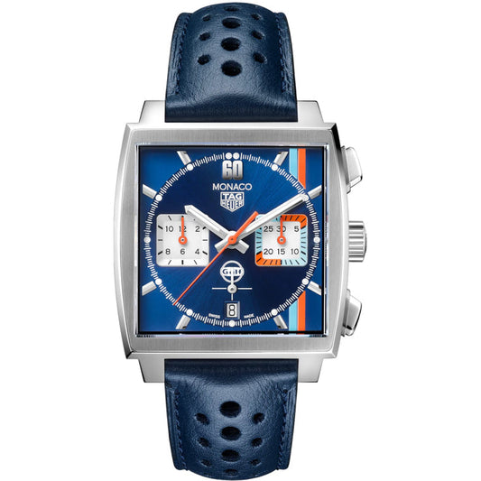 Relógio Monaco Chronograph Gulf Edition Azul com Listras de Corrida